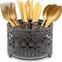 360 Rotating Metal Utensil Caddy - 4 Compartment Vintage Silverware Cutlery Holder Fork Spoon Napkin Organizer Flatware Storage Basket Party Countertop Buffet Picnic Camping Outdoor Black