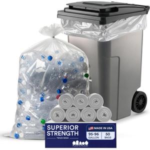 Plasticplace 95-96 Gallon Garbage Can Liners 1.5 Mil Clear Heavy Duty Trash Bags, 61 x 68”, 50 Count