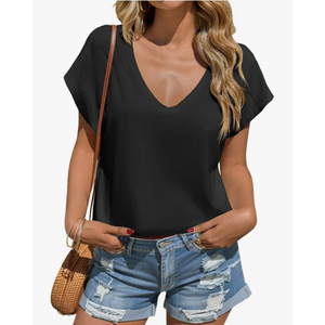 ForHailey Womens Cropped Deep V Neck T Shirts Summer Casual Short Cap Sleeve Tops Loose Fit Basic Tee, Size 2XL