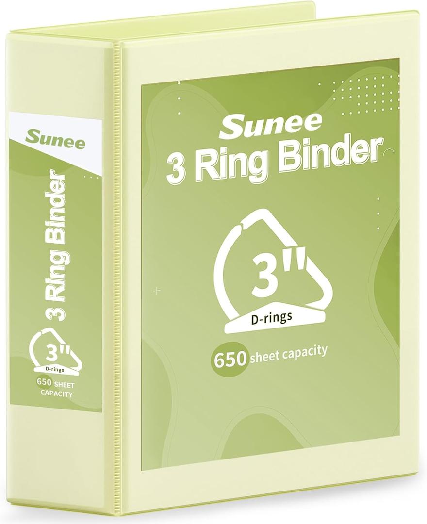 SUNEE 3 Ring Binder 3 Inch D Ring, Clear View Binder Three Ring PVC-Free (Fit 8.5x11 Inches) for School or Office Supplies, Yellow, 1 Pack
