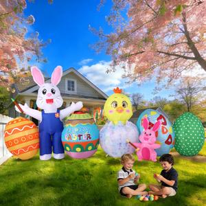 KISSUNY Easter Inflatable Outdoor Decoration, 11.5 FT Wide White Bunny with Chick and Easter Eggs, Builtin LED Lights, Blow Up Yard Decor for Lawn and Garden