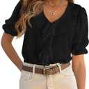 PRETTYGARDEN Women's Summer Dressy Casual Blouses 2026 Short Sleeve V Neck Ruffle Business Work Tops Trendy Spring Outfits (Black, M)