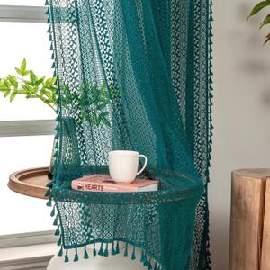 WAZZIO Boho Lace Curtains 84 Inches 2 Panel,Light Filtering Privacy Tassel & Geometry Crochet Semi Sheer Curtain Drapes for Bedroom Living Dining Room,Rod Pocket & Tassel,Coastal Style,Teal
