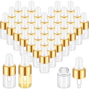 Didaey 100 Pcs Mini Glass Oil Dropper Bottle Bulk, Clear Essential Small Empty Bottles Sample Containers Perfume Liquid Vials with Cap for Traveling (2 ml,Gold)