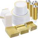 BESTVIP 700 PCS Gold Dinnerware Set for 100 Guests, Plastic Dinnerware Set for Party, Christmas, Include: 200 Plastic Plates, 100 Gold Silverware, 100 Cups, 100 Paper Napkins