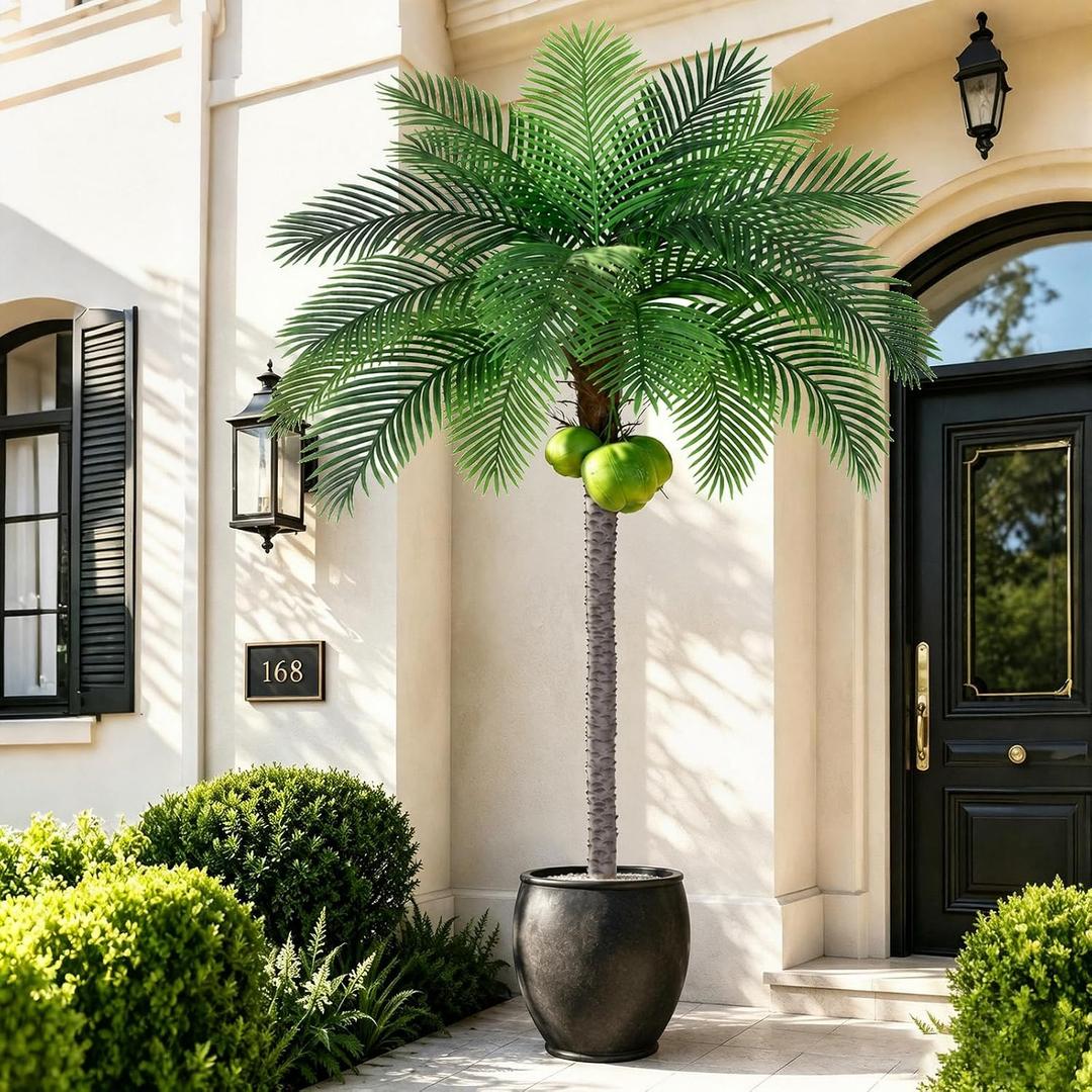 8ft Tall Artificial Phoenix Palm Tree with 3 Coconut Fruits, Large Fake Tropical Silk Tree Outside, Fake Tree Perfect for Indoor Outdoor Patio Poolside Yard Doorway Home Office Decor