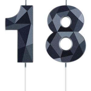 18th Birthday Candles, Black 3D Diamond Shape Number 18 Candles Happy Birthday Cake Topper Decoration for Wedding Decor Theme Party Anniversary, 2 Inch