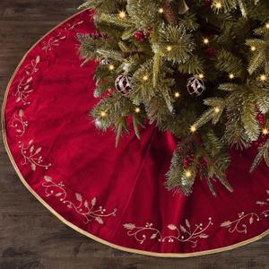 Bunny Chorus Christmas Tree Skirt, 60 Inch Red Christmas Tree, Large Rustic Velvet Fur Plush Tree Skirts, Xmas Tree Skirts with Gold Embroidered Holly Leaf for Christmas Tree Decorations