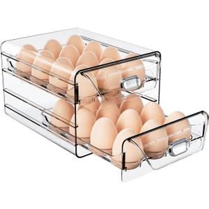 24 Grids Clear High Capacity Egg Organizer for Refrigerator with Time Scale, Stackable Container and Storage for Refrigerator with Drawers (2 Layer, 7.9"x 6.3"x 5.5")