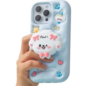 Kawaii 3D Dog Phone Case for iPhone 6 Plus/7 Plus/8 Plus (with Retractable Phone Stand & Grip) Cute Girly Cartoon Soft Silicone Phone Cover for Girls, Kids, Teens, and Women, Blue
