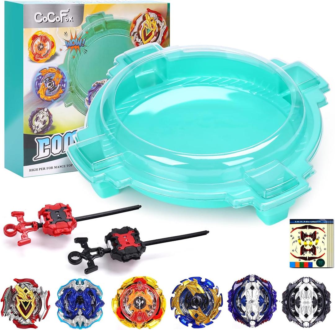 COCOFOX Battling Top Burst Toy Set Game Complete Battle Game Set with Stadium, 6 Battling Tops and 2 Launchers, Toys for 6 Year Old Boys & Girls & Up, Green