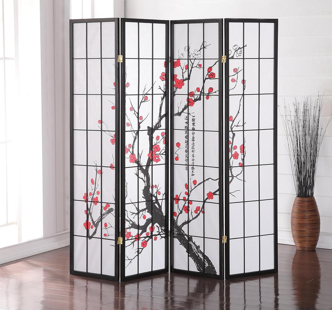 Roundhill Furniture Black Japanese 4-Panel Screen Room Divider, Plum Blossom