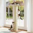 Cat Window Perch with Thick Sisal Scratching Post, Cats Hammock for Window with 3 Upgrade Suction Cups, Adjustable Tall Cat Scratching Post with Large Perch, Cats Window Bed with Fluffy Cushion