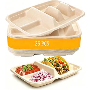 Disposable Taco Plates for 2 Tacos & 2 Sides 25 PACK | Premium Paper Plates with Dividers, Fiesta Taco Holder, Taco Stand for Tuesday & Bar Serving Set