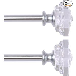 2 Pack Curtain Drapery Rod，Acrylic Square Finials Curtain Rod，3/4" Diameter Single Deorative Curtain Rod, Adjustable Length from 28 to 48 Inches