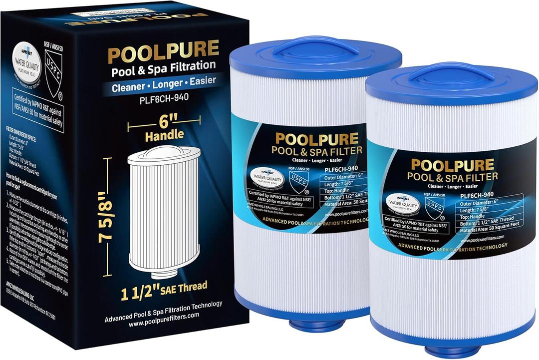 POOLPURE 6CH-940 Spa Filter Replaces PWW50P3(1 1/2" Coarse Thread), 817-0050, Filbur FC-0359, 25252, 03FIL1400, Waterway Front Access Skimmer, Screw in SAE Thread Filter 2 Pack