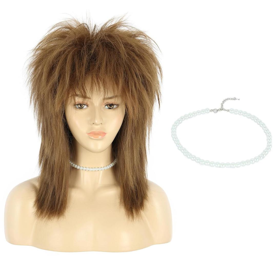 VGbeaty 70s 80s Mullet Wig Women Shoulder Length Straight Brown Wig with Necklace Rock Disco Cosplay Party Halloween Costume Wig