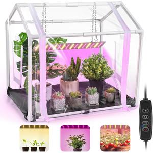 Meonum Mini Greenhouse with Grow Light, 23.6" L x 15.7" W x 19.6" H Portable Greenhouse with Waterproof Bottom Mat, Timer, 3 Light Color Mode for Indoor Outdoor Seed Starter Tray (White Transparent)