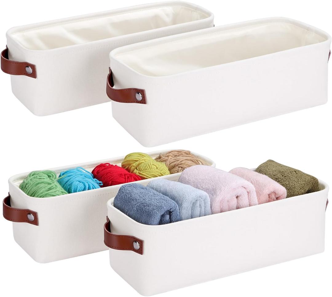 Small Fabric Storage Bins, 15x6x5 inch Narrow Storage Baskets 4-Pack Long Storage Basket for Organizing with Handles, Decorative Basket for Closets, Shelves, Toilet Paper, White