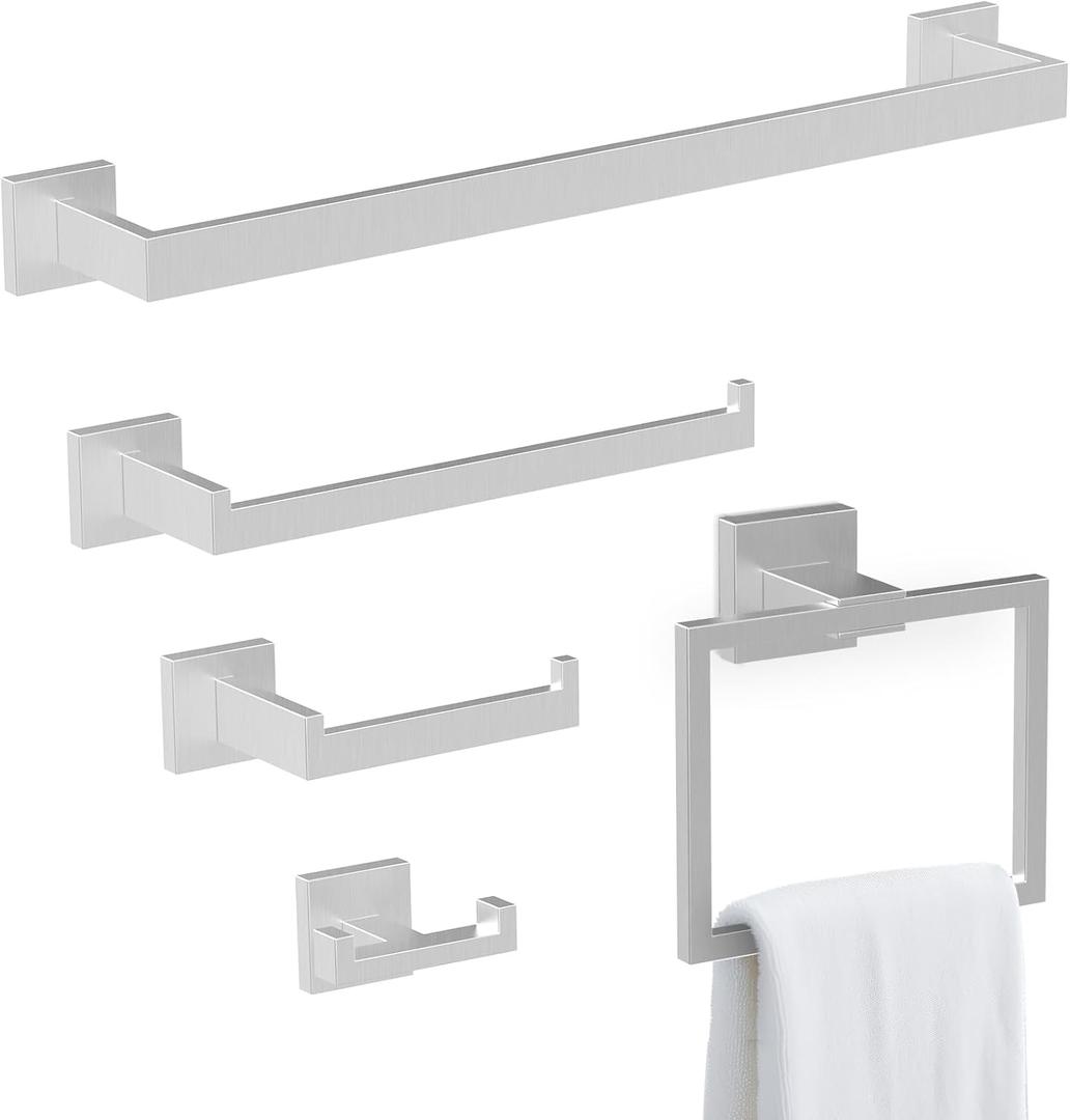 BOZWELL 5 Piece Brushed Nickel Stainless Steel Towel Bar Set, 23.6 inch Square Bathroom Hardware Accessories Set,Wall Mounted Towel Racks for Bathroom with TP