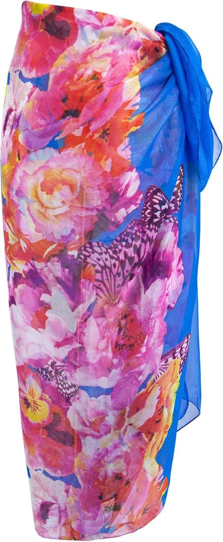 MissShorthair Womens Chiffon Beach Pareos Sarong Sheer Swimsuit Cover Ups Swimwear Bikini Wrap (Blue Flower)