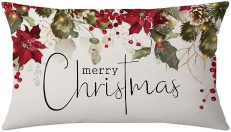 AOFANGGO Christmas Pillow Cover 12x20 inch Merry Xmas Throw Pillow Poinsettia Holly Holiday Decorations Farmhouse Rustic Xmas Cushion Cover for Bed Chair Sofa Couch