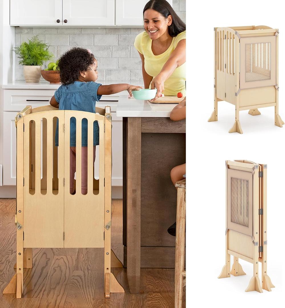 Guidecraft Kitchen Helper Toddler Tower Step Stool - Contemporary - Natural: Folding Adjustable Height Montessori Wooden Learning Furniture with Keepers