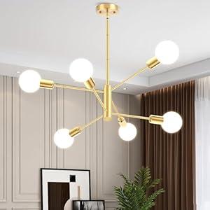 CANMEIJIA Modern Modern Sputnik Chandelier, Industrial Gold Ceiling Light Fixture, 6-Light Pendant Light Fixture for Kitchen Island, Bedroom Dining Room Living Room