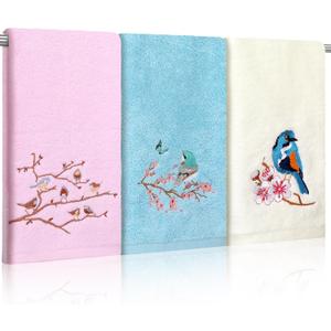 3 Pcs Bird Decorative Hand Towels for Bathroom 100% Cotton Embroidered Farmhouse Bathroom Decor 14 x 29 Inch Cherry Bluebird Blossom Hand Towel Gift for Kitchen (Pastel Color)