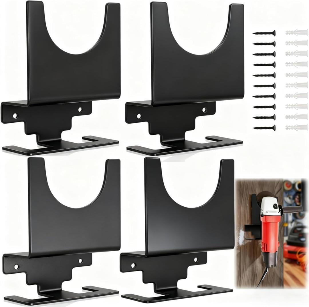 Tlence 4 Pack Angle Grinder Holder, Wall Mount Bracket for 5 inch Grinder, Polisher Storage Rack Stand with Cord Hook, Garage Tool Hanger for Angle Grinders Impact Wrench Cutters Waxing Machines