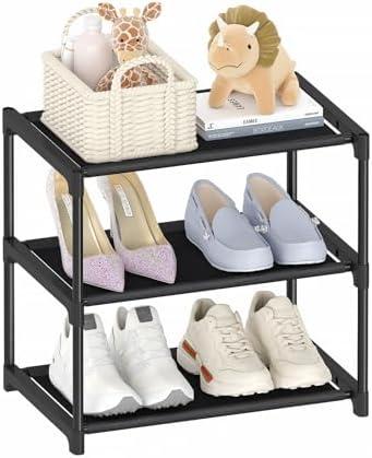 Autonomier 3 Tier Small Shoe Rack, Narrow Stackable Kids Toddler Adult Shoe Storage Organizer Shelf for Closet Floor Front Door Entrance Entryway, Free Standing Shoe Rack Organization Shelves