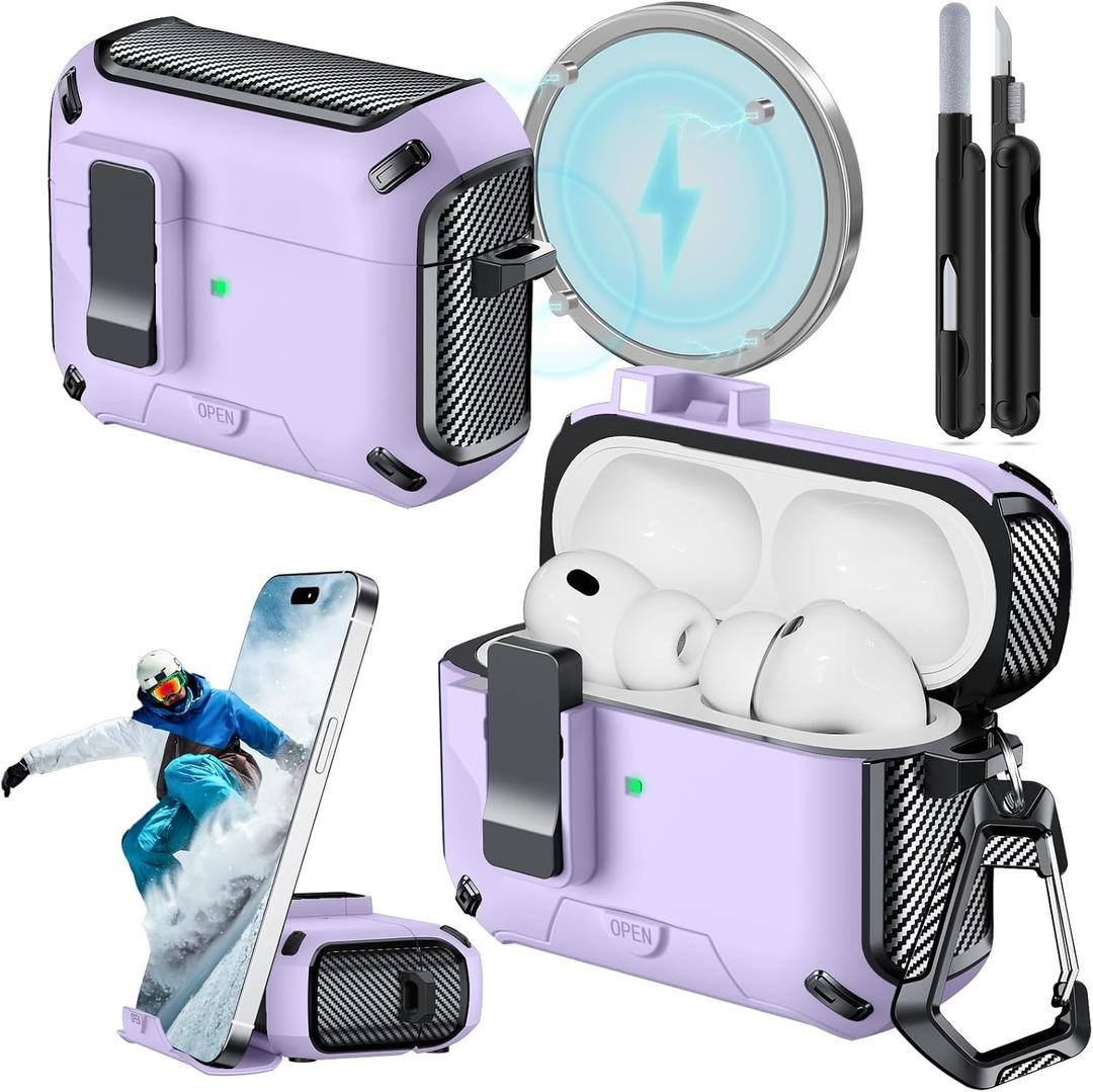 For AirPods Pro 3 Case (2025) with Phone Stand,with Automatic Snap Switch Carbon Fiber Design Protection Cover for Airpods Pro 3 Gen with Cleaning Pen,Purple