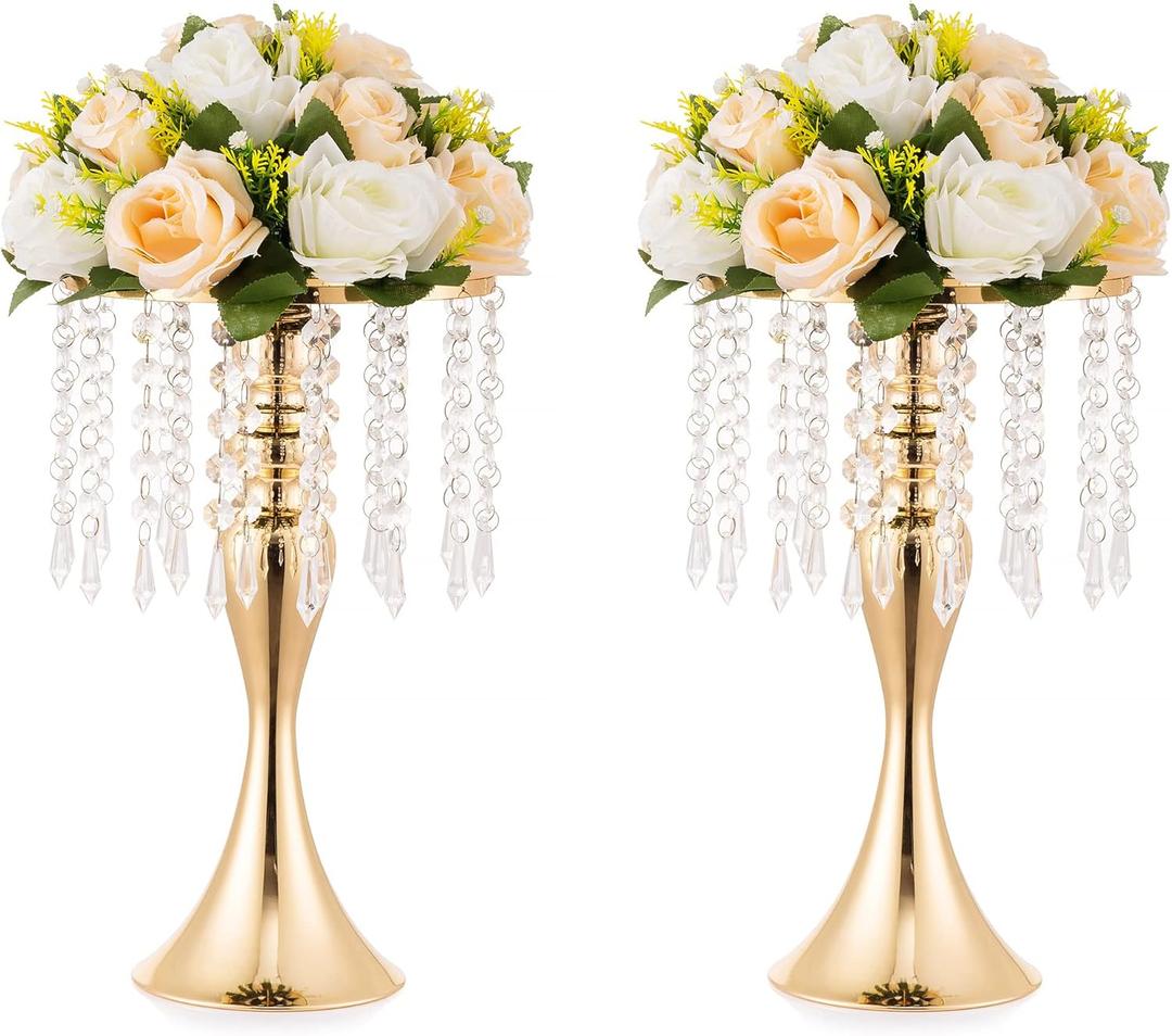 2 Pcs Gold Vases for Centerpieces, 13.8in Crystal Flower Arrangement Stand, Wedding Centerpieces for Tables, Tall Metal Flower Vase Holders for Wedding, Event, Reception, Birthday, Home Decor
