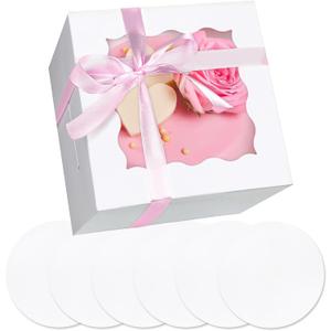 Bakepacker 36pcs 6x6x5 Inches with Window 18-Packs White 6 Inch Bakery Boxes (18 Cake Boxes +18 Cake Boards + 10 Meters Silk Ribbon Includes Included)