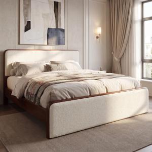 Merax King Size Bed Frame with Upholstered Headboard & Footboard, Mid-Century Modern Wood Platform Bed for Bedroom, No Box Spring Needed, Easy Assembly, Bear 600lbs, Walnut + White