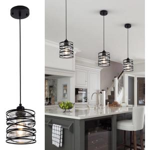 Black Mini Pendant Light Over Sink 1-Pack Modern Pendant Lighting Matte Black Spiral Cage Hand-Made Clear Seeded Glass Shade for Kitchen Island Dining Room Bedroom Foyer Hallway Bar
