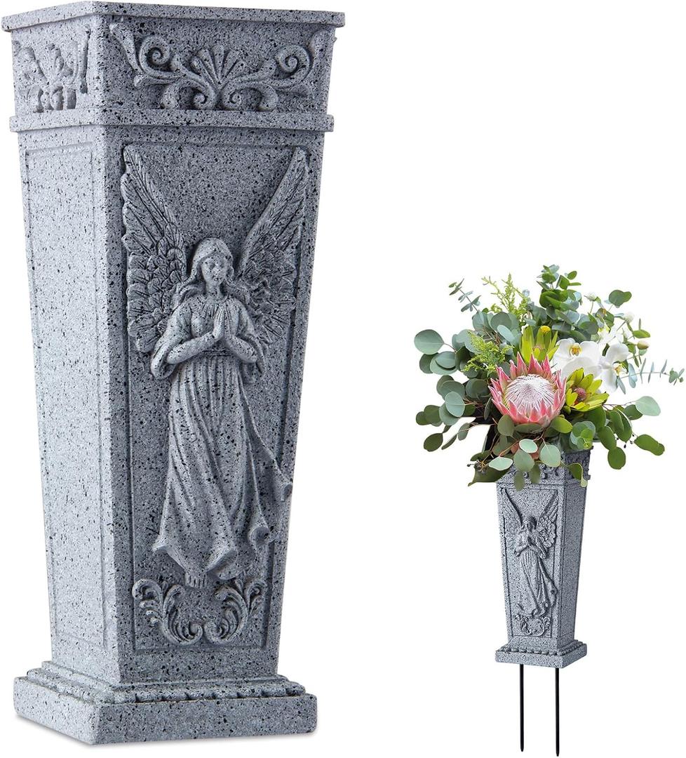 Cemetery Flowers Vase with Spike, Memorial Grave Vase Resin Flowers Holder for Headstone, Grave, Cemetery, Garden, Lawn, Yard Decorations (1pc, Grey)