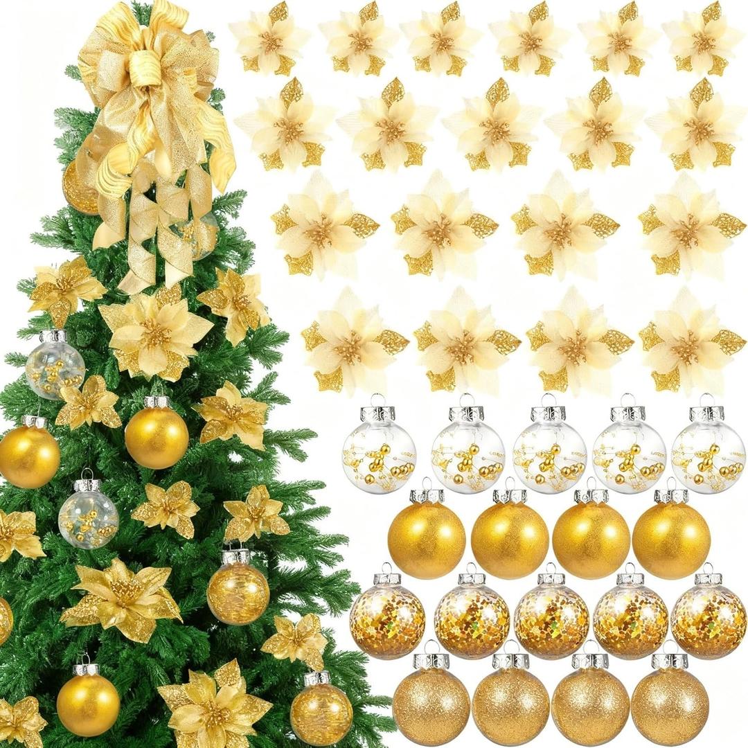 Canlierr 49 Pcs Gold Christmas Tree Decoration Set Tree Topper Bow 24 Pcs Christmas Glitter Artificial Poinsettia Flowers and 2.36 Inch Xmas Ball Ornaments for Xmas Party Holiday Decor
