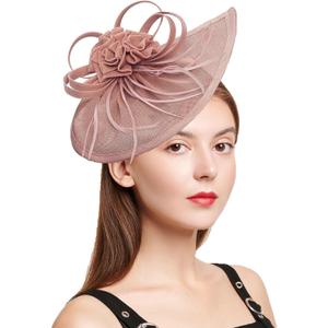 Women Hats Accessories Kentucky Derby Tea Party Fascinators Wedding with Feather Flowers Headband Clip Pink