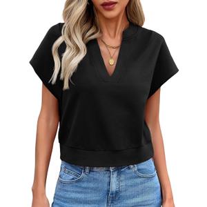 Fisoew Womens Cropped Tops Summer V Neck Cap Sleeve Casual Loose Fit T Shirts (Medium, Black)