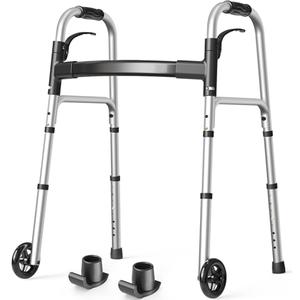 HolyHeal Folding Walkers for Seniors with 2 Skis and 5" Wheels, Lightweight Adult Rolling Walker, Supports Up to 350 Pounds, Adjustable Height, Aluminum Standard Walker, Silver