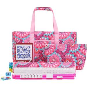 American Mahjong Tile Set with Pink Printed Carrying Bag, 166 Premium White Tiles, 4 All-in-One Color Racks/Pushers, Mah Jongg Sets, Complete Mahjong Game Set for Travel