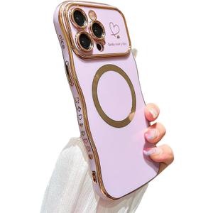 ZONRW for iPhone 14 Pro Max Case Magnetic,for Women Girls Soft Cute Wave Frame Curly Shape Love Heart Luxury Plating Phone Case Compatible with MagSafe Shockproof Back Cover 6.7"-Light Purple