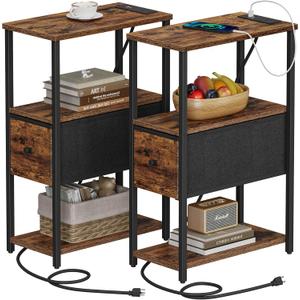 TUTOTAK Set of 2 Small Narrow End Table with Charging Station, Side Table with Outlets, Nightstand with Cloth Drawer, Couch Table, for Living Room, Bedroom, Bedside, Brown TB01BB058