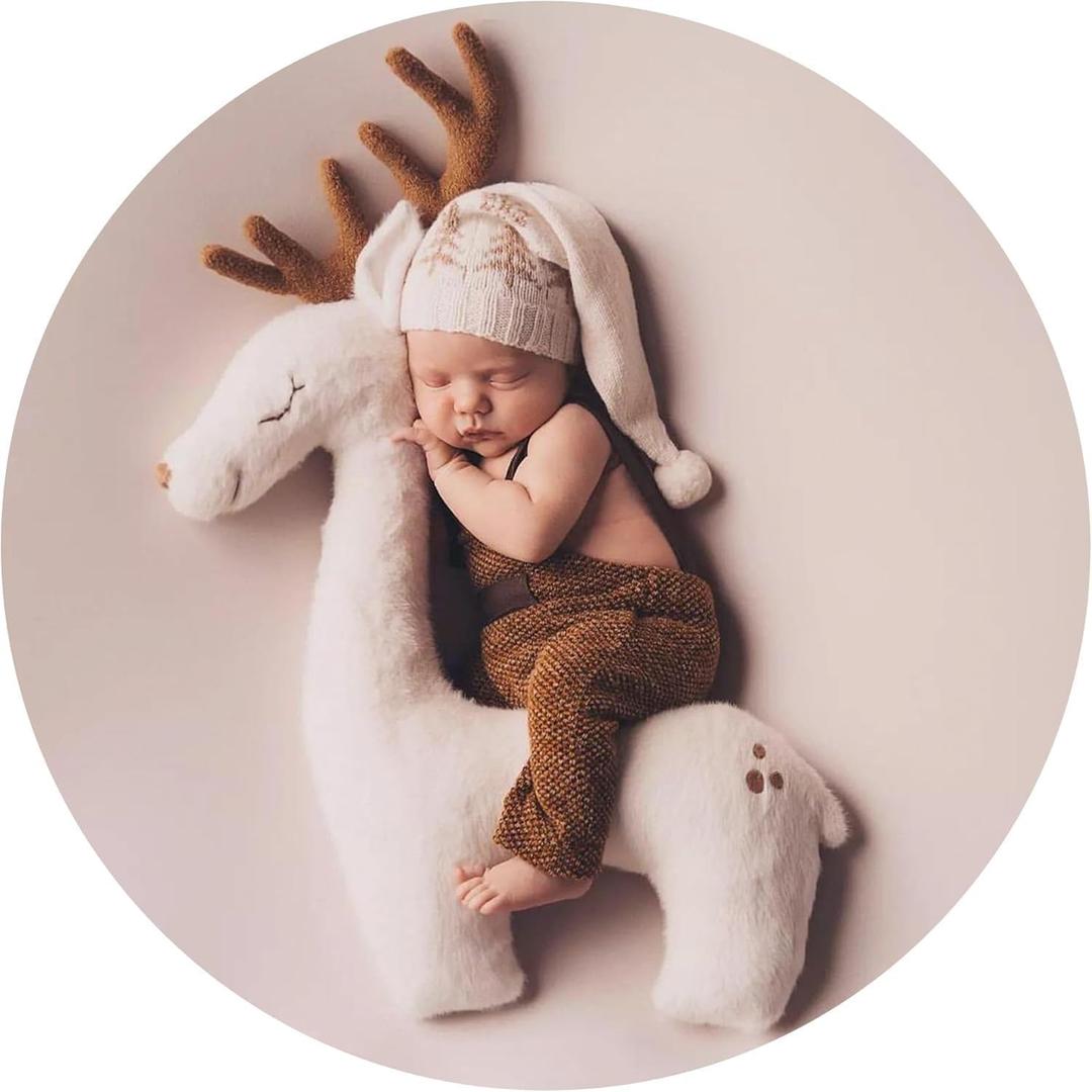 Christmas Creative Elk Posing Pillow Newborn Photography Props Newborn Shooting Elk Antler Pillow Baby Room Decoration Infant Photo Studio Posing Props (Beige)
