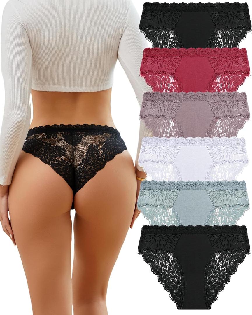 FINETOO 6 Pack Bikini Underwear for Women Sexy Lace Cheeky Panties Low Rise Hipster Cotton Panty (Medium)