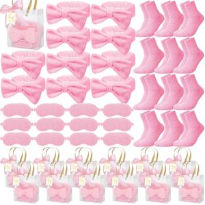 Chicingyou 48 Pcs Spa Sleepover Party Supplies 12 Bow Headband 12 Plush Sleep Eye Mask Covers 12 Pair Fuzzy Sock 12 Gift Bags for Sleeping Sleepover Slumber Bridesmaid Pajama Party Gift(Pink)