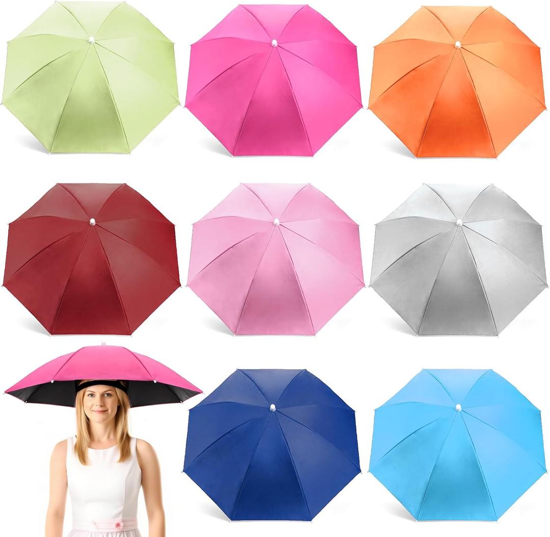 Covzoe 8 Pack Umbrella Hats, 27 Inch Hands Free Head Umbrella with Elastic Band, Folding UV Protection Waterproof Sun Rain Cap for Fishing, Beach Hiking, Camping, Gardening, Multicolor