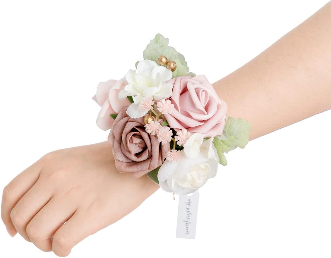 Ling's Moment 2pcs Prom Wrist Corsage Artificial Flowers, Girl/Mother Corsages Wristlet Dcor for Homecoming/Wedding/Anniversary, etc. Dusty Rose