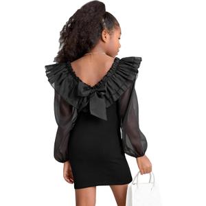 WDIRARA Girl's Mesh Ruffle Trim Layered Tie Back Lantern Sleeve Pencil Mini Dress Black 6Y